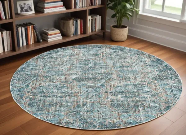9' Abstract Power Loom Worn Faded Round Rug - Blue Taupe And Ivory