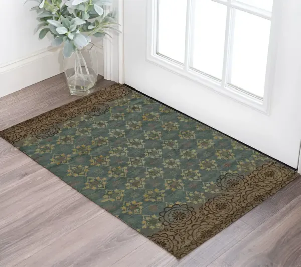 2' x 3' Floral Hand Knotted Area Rug - Blue Green And Brown