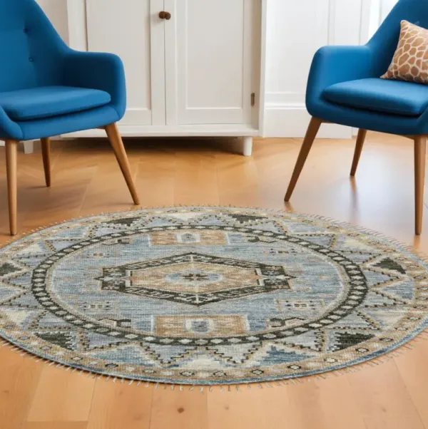 8' Wool Oriental Hand Knotted Round Rug With Fringe - Blue Green And Tan