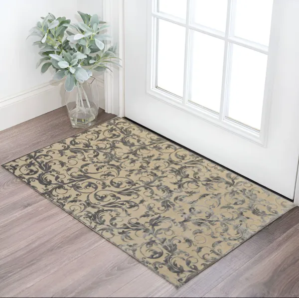 2' x 4' Floral Power Loom Area Rug - Tan And Gray