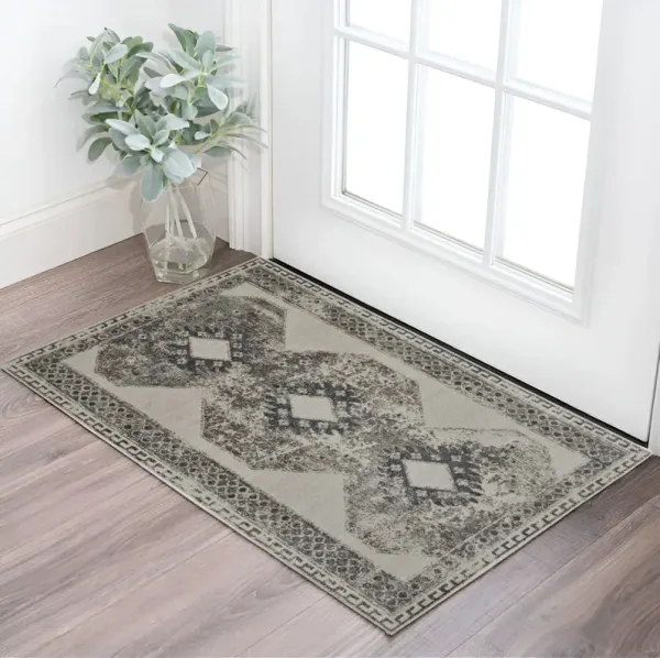 2' x 3' Abstract Power Loom Worn Faded Area Rug - Gray Ivory And Taupe
