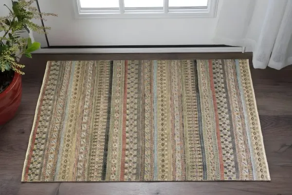 2' x 3' Striped Hand Knotted Area Rug - Tan Orange And Blue