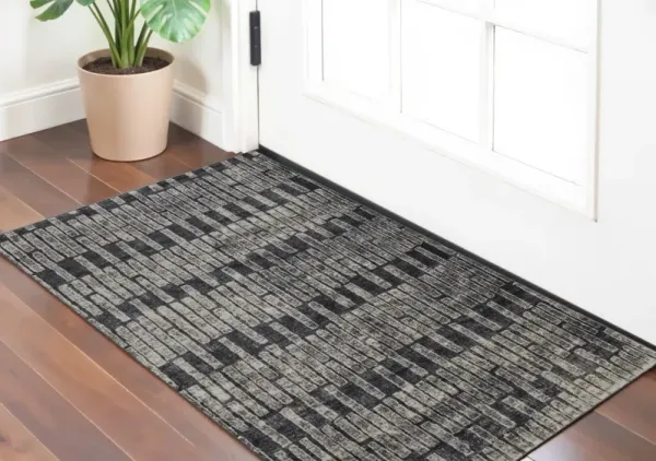 2' x 3' Geometric Power Loom Worn Faded Area Rug - Gray Black And Ivory