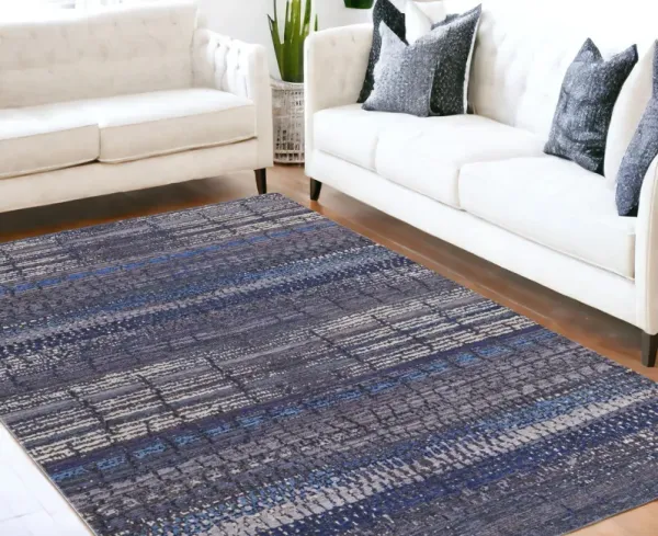 5' x 8' Striped Power Loom Worn Faded Washable Area Rug - Blue Gray And Tan