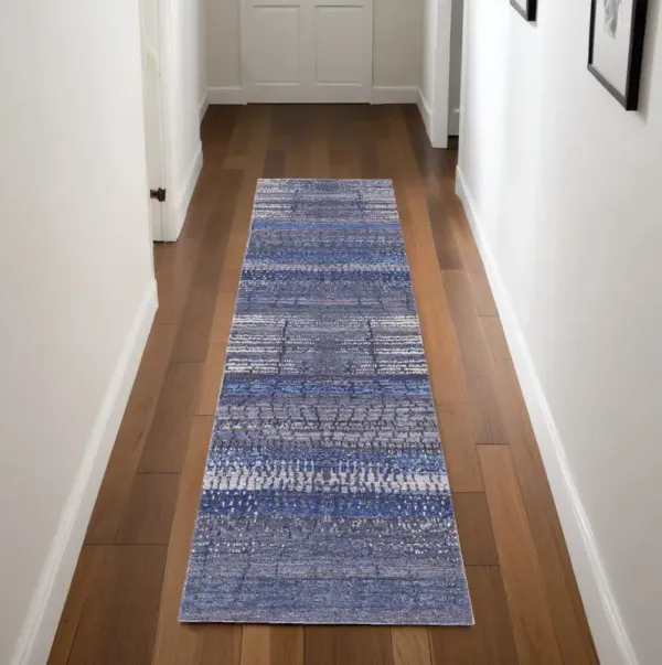 8' Striped Power Loom Worn Faded Washable Runner Rug - Blue Gray And Tan