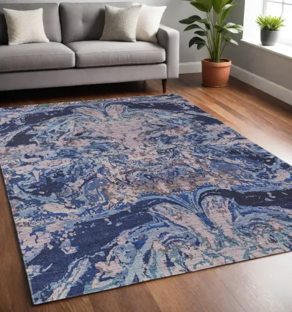 5.3' x 7.5' Abstract Power Loom Washable Area Rug - Blue Pink And Tan