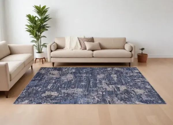 8' x 10' Abstract Power Loom Worn Faded Washable Area Rug - Blue Brown And Tan