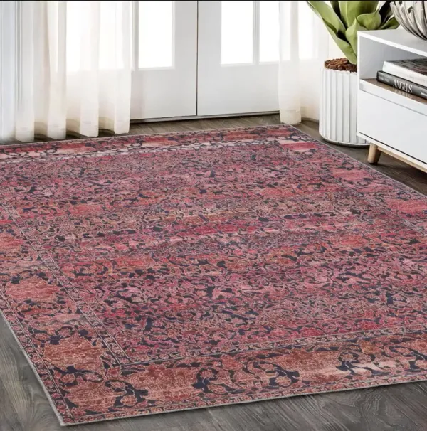 5' x 8' Damask Power Loom Worn Faded Washable Area Rug - Red Gray And Orange