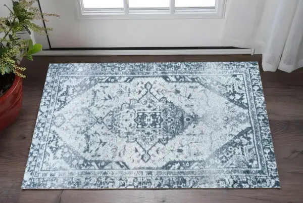 2' x 3' Oriental Distressed Washable Non Skid Area Rug With UV Protection - Dark Blue Gray And Ivory