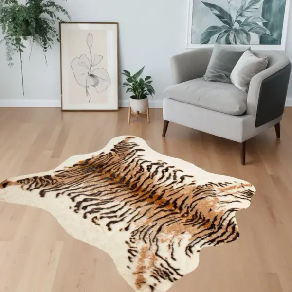 4' x 5' Faux Fur Tiger Print Shag Area Rug - Brown And Black