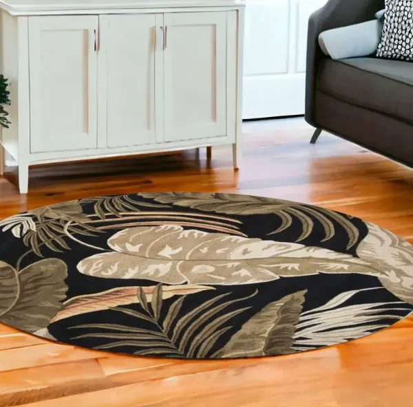 8' Hand Tufted Tropical Leaves Round Indoor Area Rug - Midnight Black