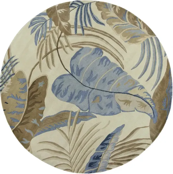 8' Hand Tufted Tropical Leaves Round Indoor Area Rug - Ivory Blue