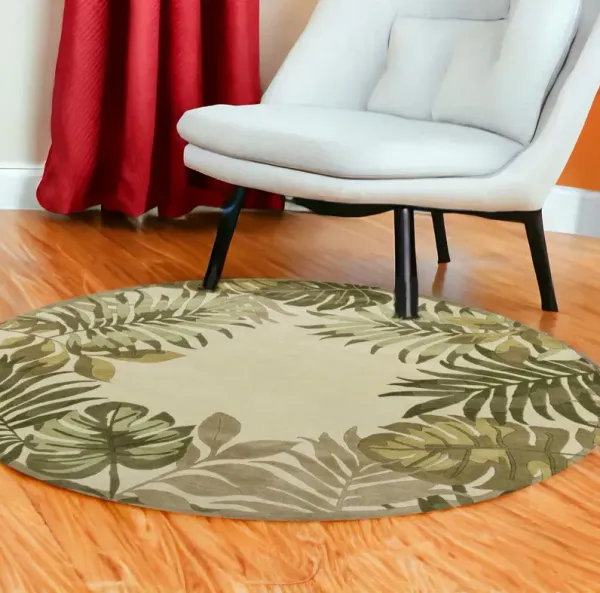 8' Hand Tufted Bordered Tropical Leaves Round Indoor Area Rug - Ivory