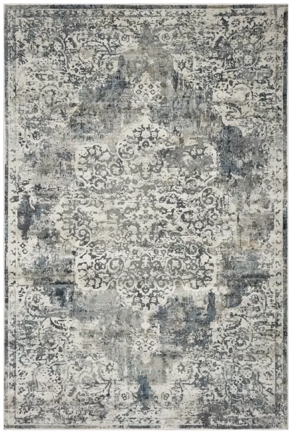8' x 11' Machine Woven Distressed Diamond Floral Medallion Indoor Area Rug - Ivory