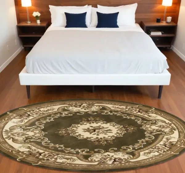 7' Round Floral Bordered Indoor Area Rug - Green Or Ivory