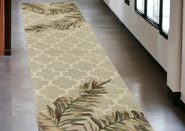 2' x 10' Tropical Leaves Mosaic Wool Indoor Runner Rug - Sage
