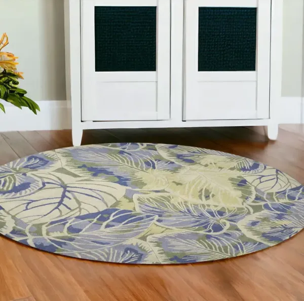 6' Hand Tufted Tropical Leaves Round Indoor Area Rug - Blue Green