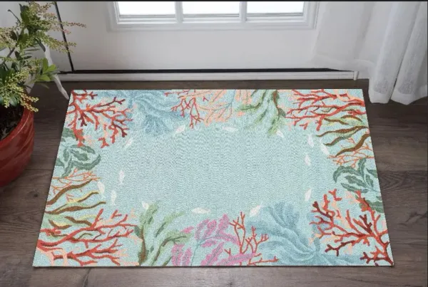 2' x 4' Hand Hooked Bordered Coral Reef Indoor Accent Rug - Blue