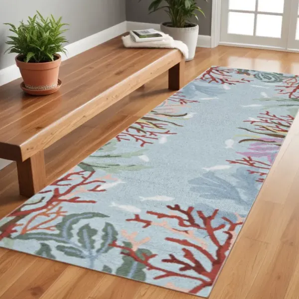 8' Hand Hooked Bordered Coral Reef Indoor Runner Rug - Blue