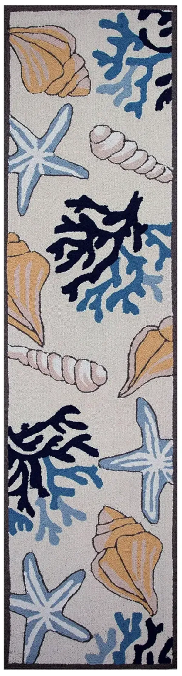 8' Indoor Runner Rug - Ivory Hand Hooked Sea Corals And Shells