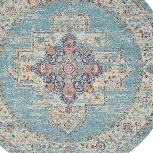 4' Round Southwestern Power Loom Area Rug - Light Blue