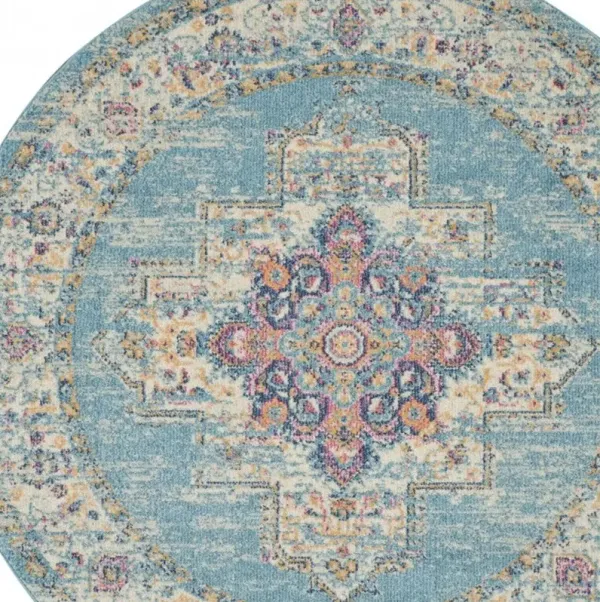 5' Round Southwestern Power Loom Area Rug - Light Blue