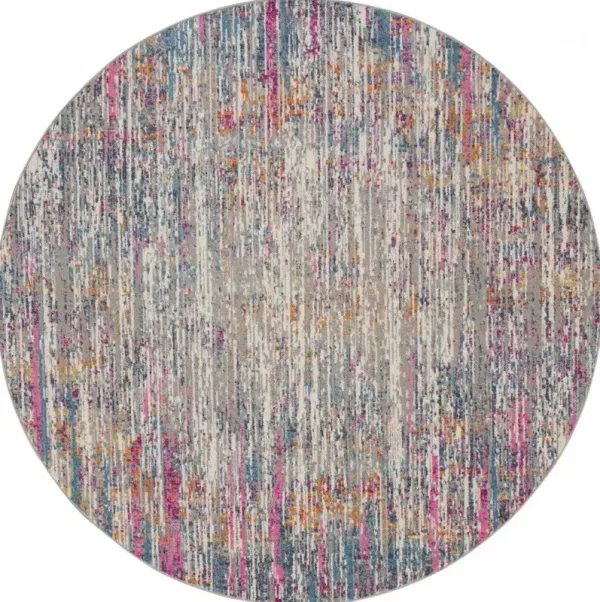 8' Round Abstract Power Loom Area Rug - Pink And Ivory