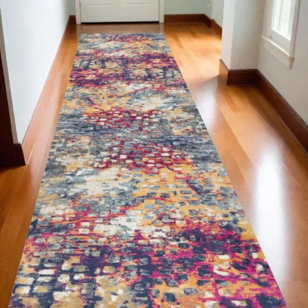 10' Abstract Runner Rug - Magenta And Gold