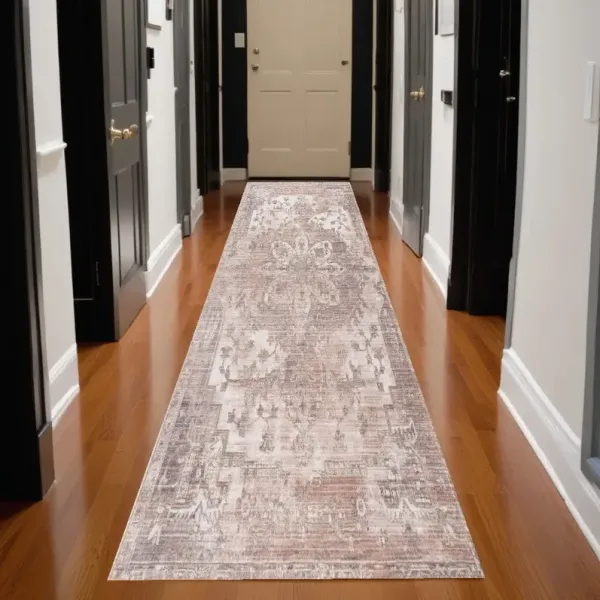15' x 2.3' Runner Medallion Power Loom Runner Rug - Beige And Ivory