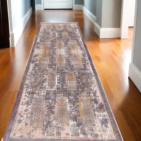20' x 2.3' Runner Oriental Power Loom Runner Rug - Gray And Ivory