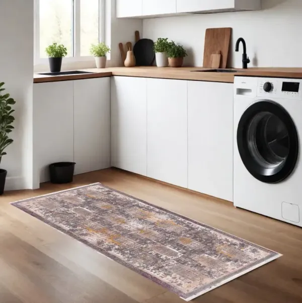 8' Runner Oriental Power Loom Distressed Runner Rug - Gray And Ivory