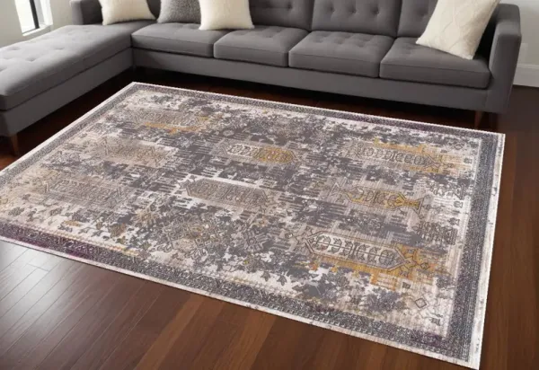 7' x 9' Oriental Power Loom Area Rug - Gray And Ivory