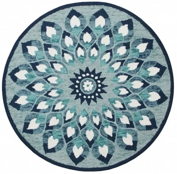 4' Round Floral Feather Area Rug - Blue And White