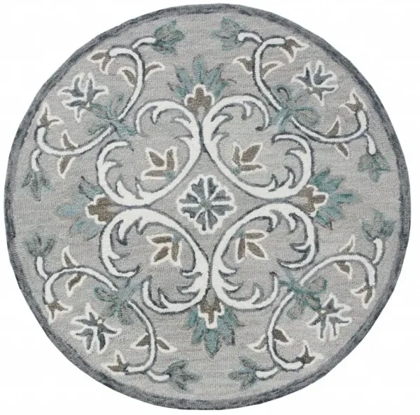 4' Round Filigree Area Rug - Gray And White