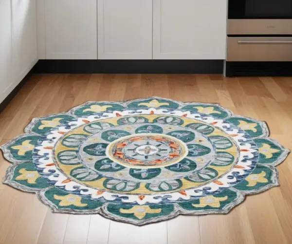 6' Round Wool Hand Hooked Handmade Area Rug - Teal Blue