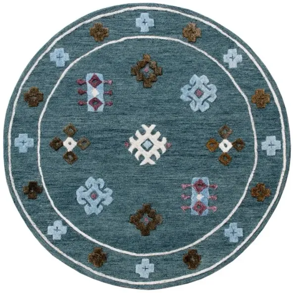 5' Round Wool Hand Hooked Handmade Area Rug - Blue