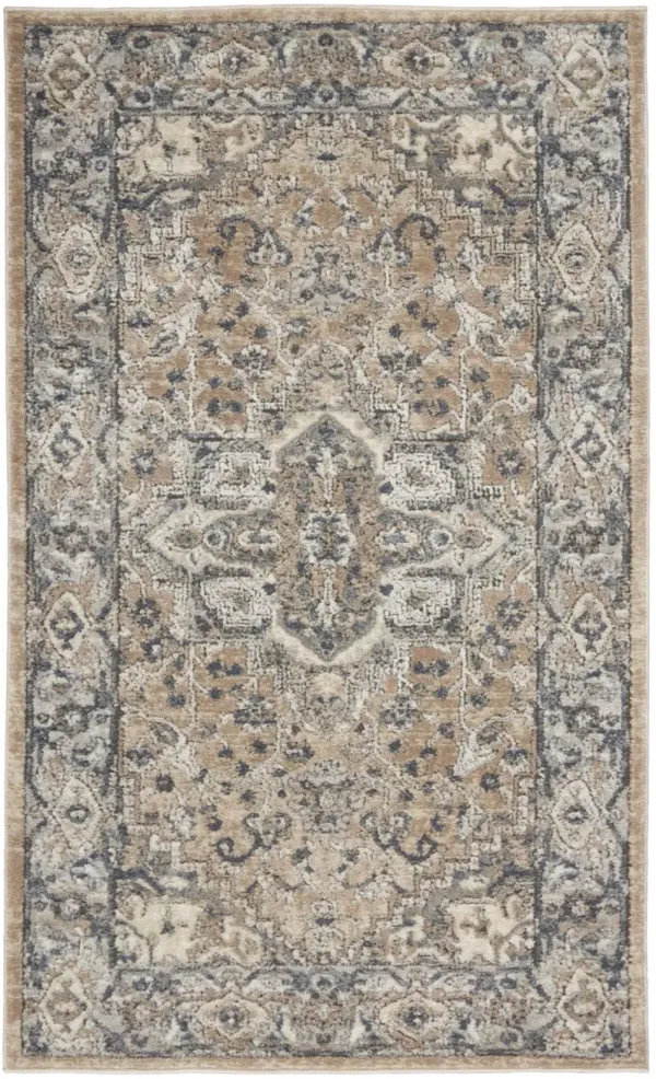 3' x 5' Oriental Power Loom Non Skid Area Rug - Beige And Gray