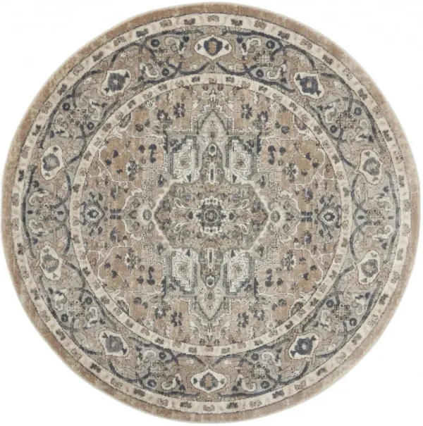 5' x 5' Round Oriental Power Loom Non Skid Area Rug - Beige And Gray
