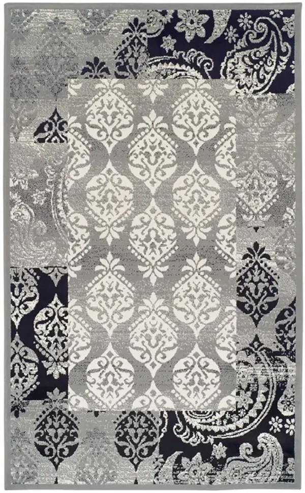 4' x 6' Damask Power Loom Distressed Stain Resistant Area Rug - Black And Gray