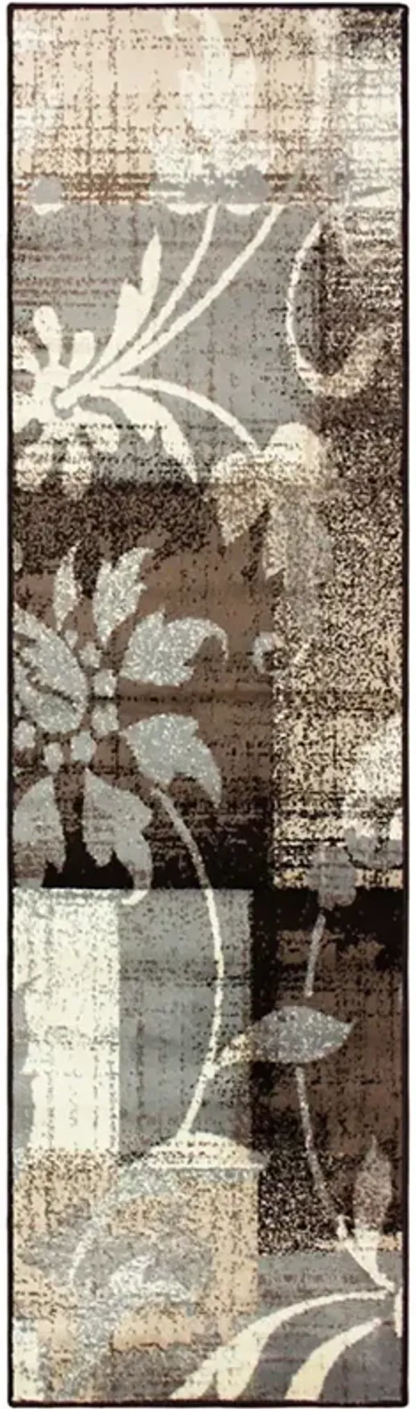 12' Floral Power Loom Distressed Runner Rug - Beige And Gray