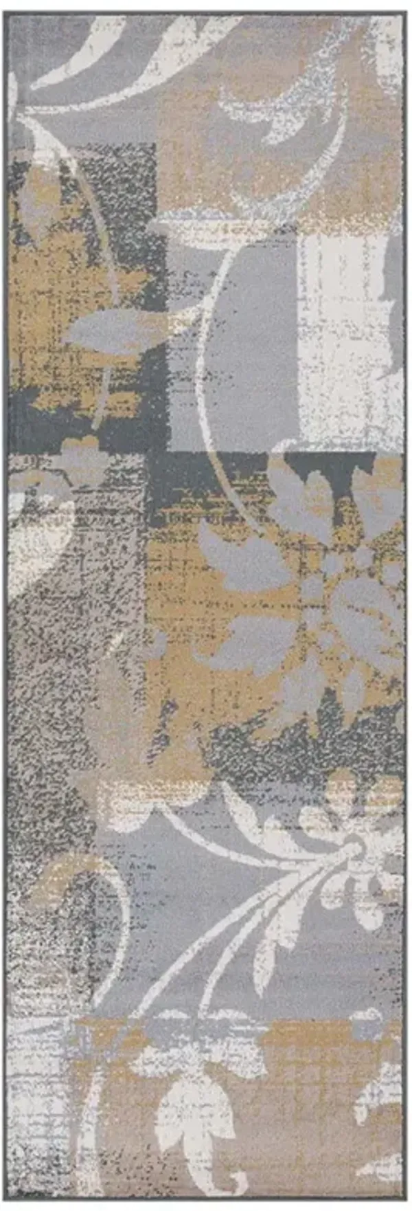 8' x 2.7' Floral Power Loom Distressed Stain Resistant Runner Rug - Beige And Gray