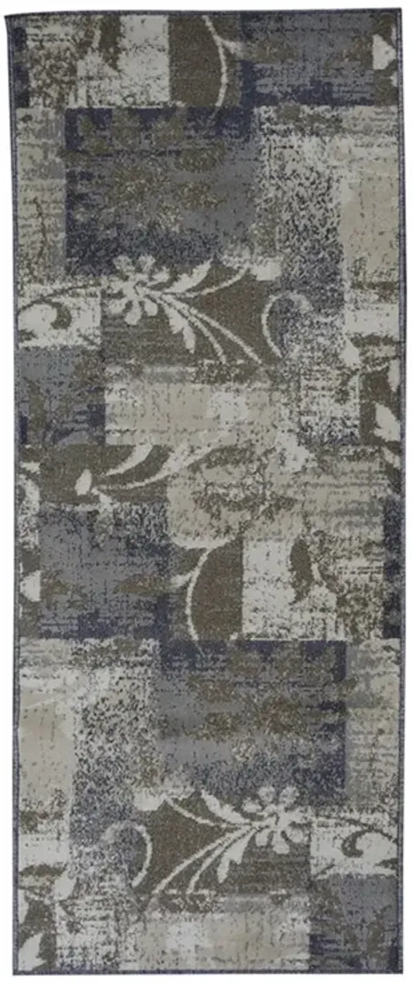 8' Floral Power Loom Distressed Stain Resistant Runner Rug - Ivory Gray And Olive