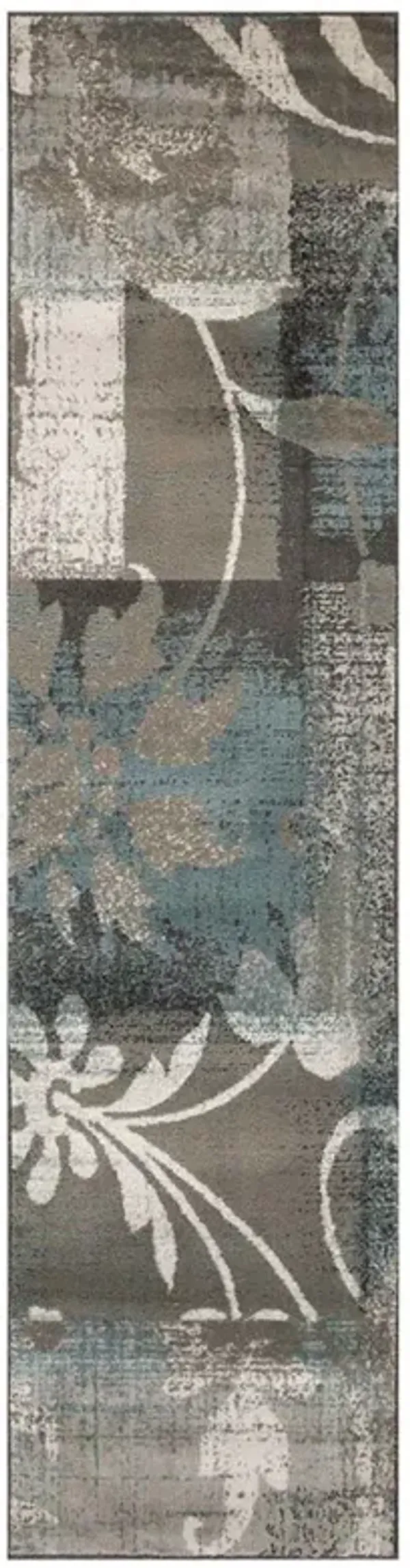 8' Floral Power Loom Distressed Stain Resistant Runner Rug - Teal Gray And Tan