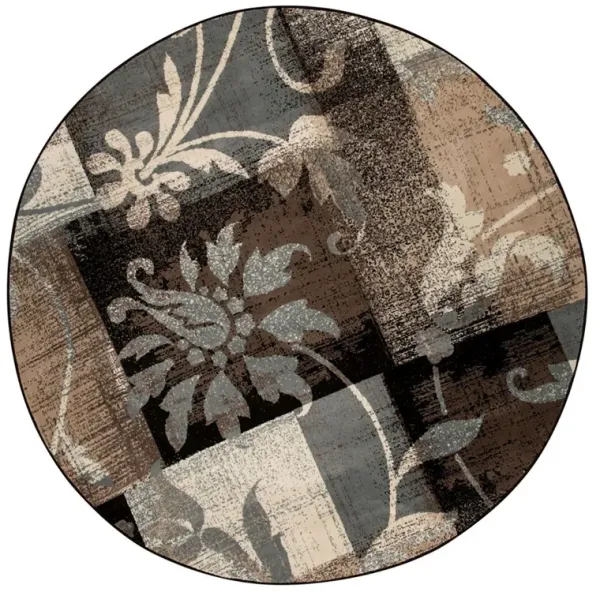 5' Round Floral Power Loom Distressed Area Rug - Beige And Black