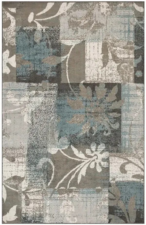 4' x 6' Floral Power Loom Distressed Stain Resistant Area Rug - Teal Gray And Tan