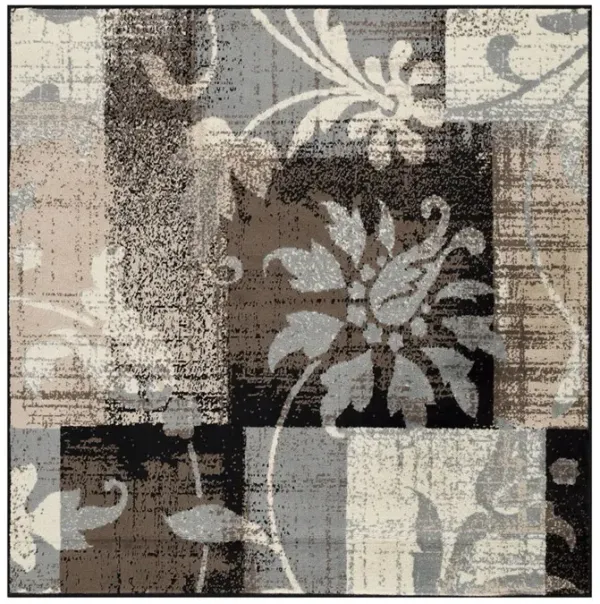 5' Square Square Floral Power Loom Distressed Stain Resistant Area Rug - Beige And Gray