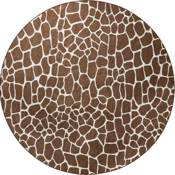 8' Round Animal Print Handmade Non Skid Area Rug - Brown And Ivory