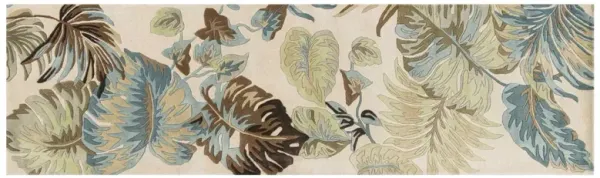 8' Hand Tufted Tropical Leaves Indoor Runner Rug - Ivory Blue