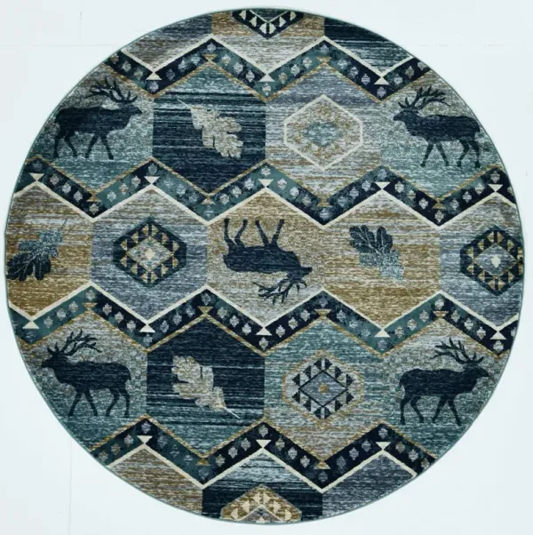 8' Round Geometric Area Rug - Blue And Green