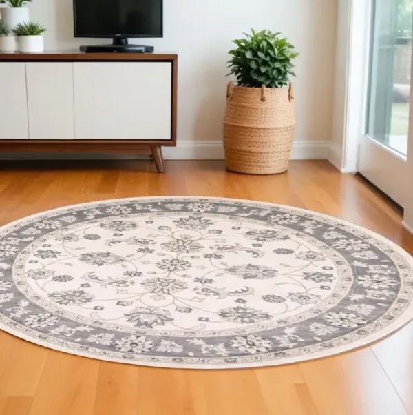 8' Floral Round Indoor Area Rug - Ivory Gray
